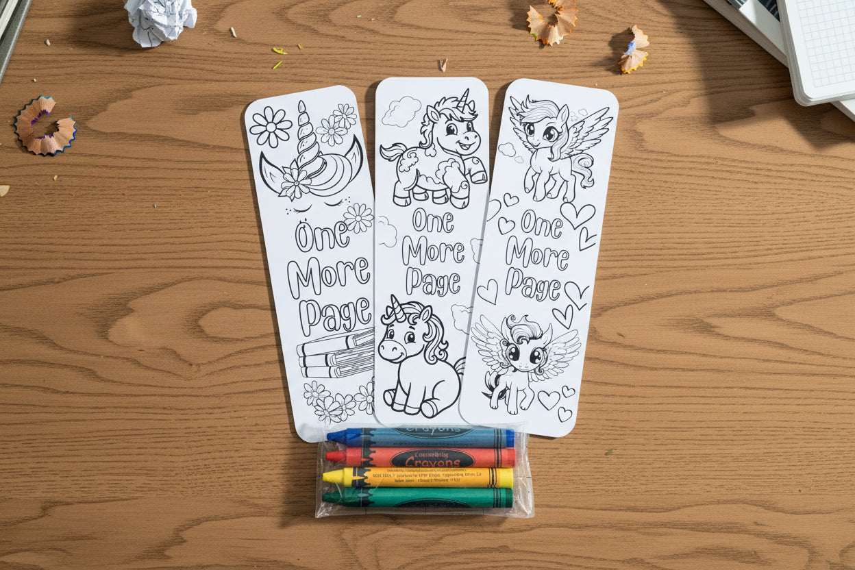 Coloring bookmarks with unicorn designs and Crayola crayons on a white background