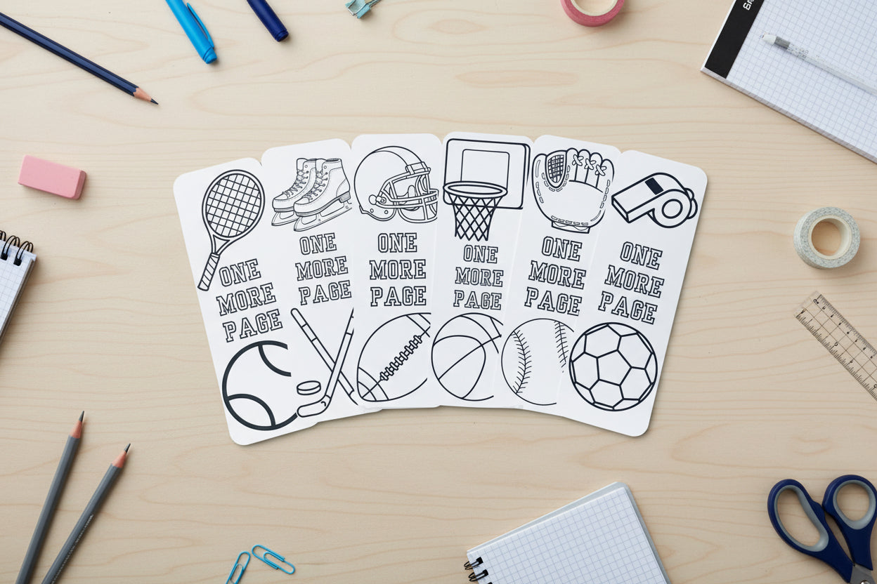 Sheet of sports-themed coloring pages with various athletic equipment on a white background.