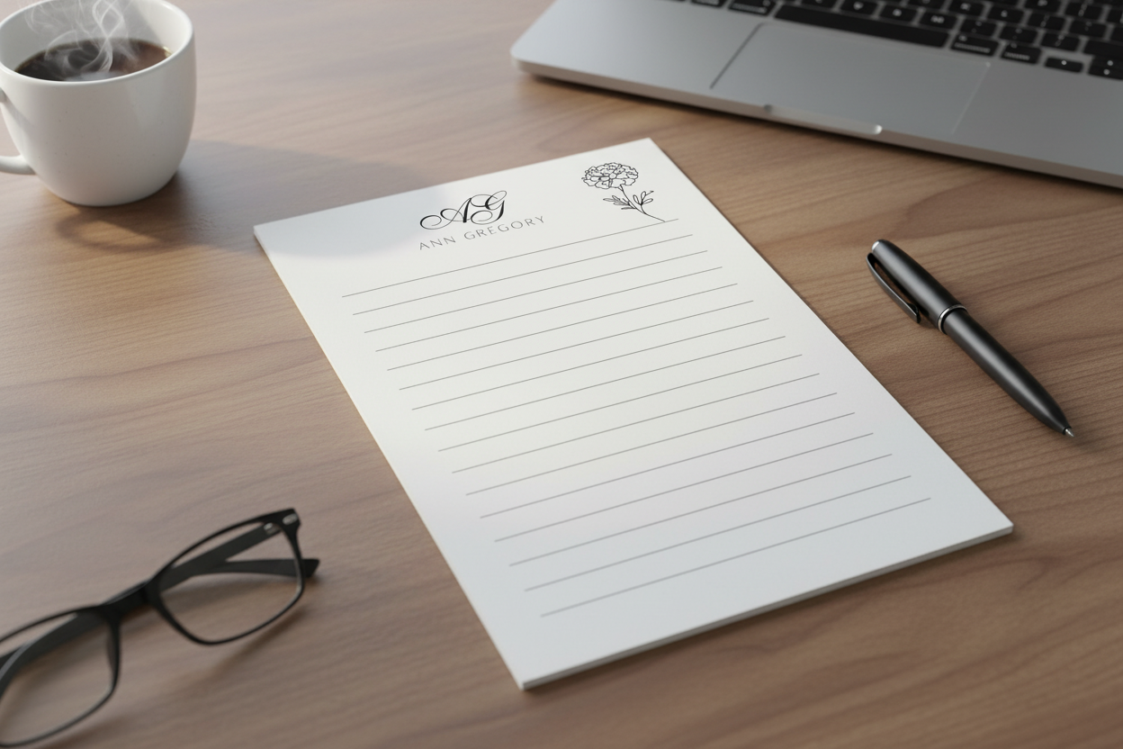 Lined paper with floral design and 'Ann Gregory' branding on a white background