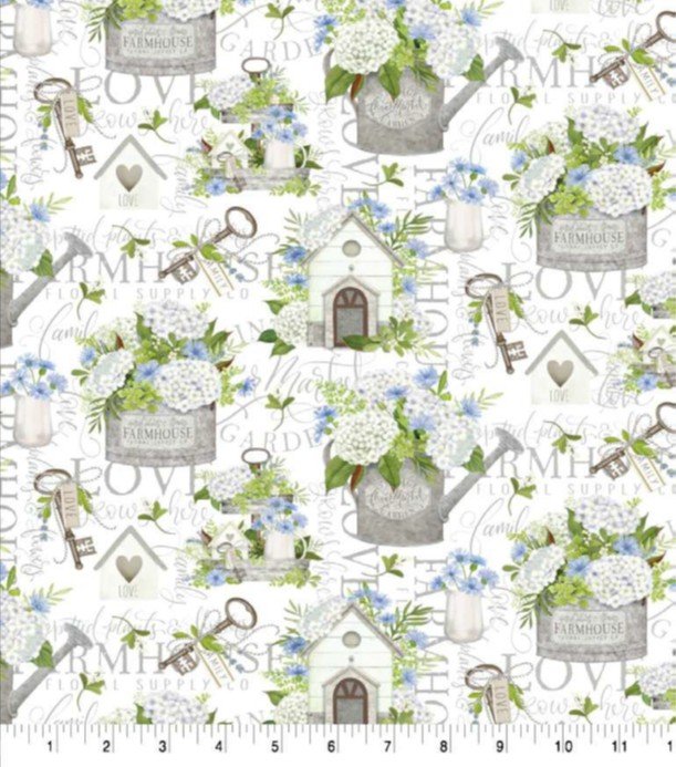 Patterned fabric with garden-themed elements on a white background