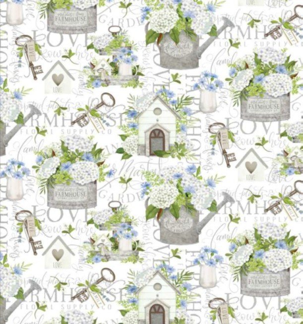 Patterned fabric with garden-themed elements on a white background