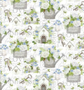Patterned fabric with garden-themed elements on a white background