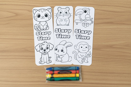 Coloring bookmarks with animal illustrations and Crayola crayons on a white background