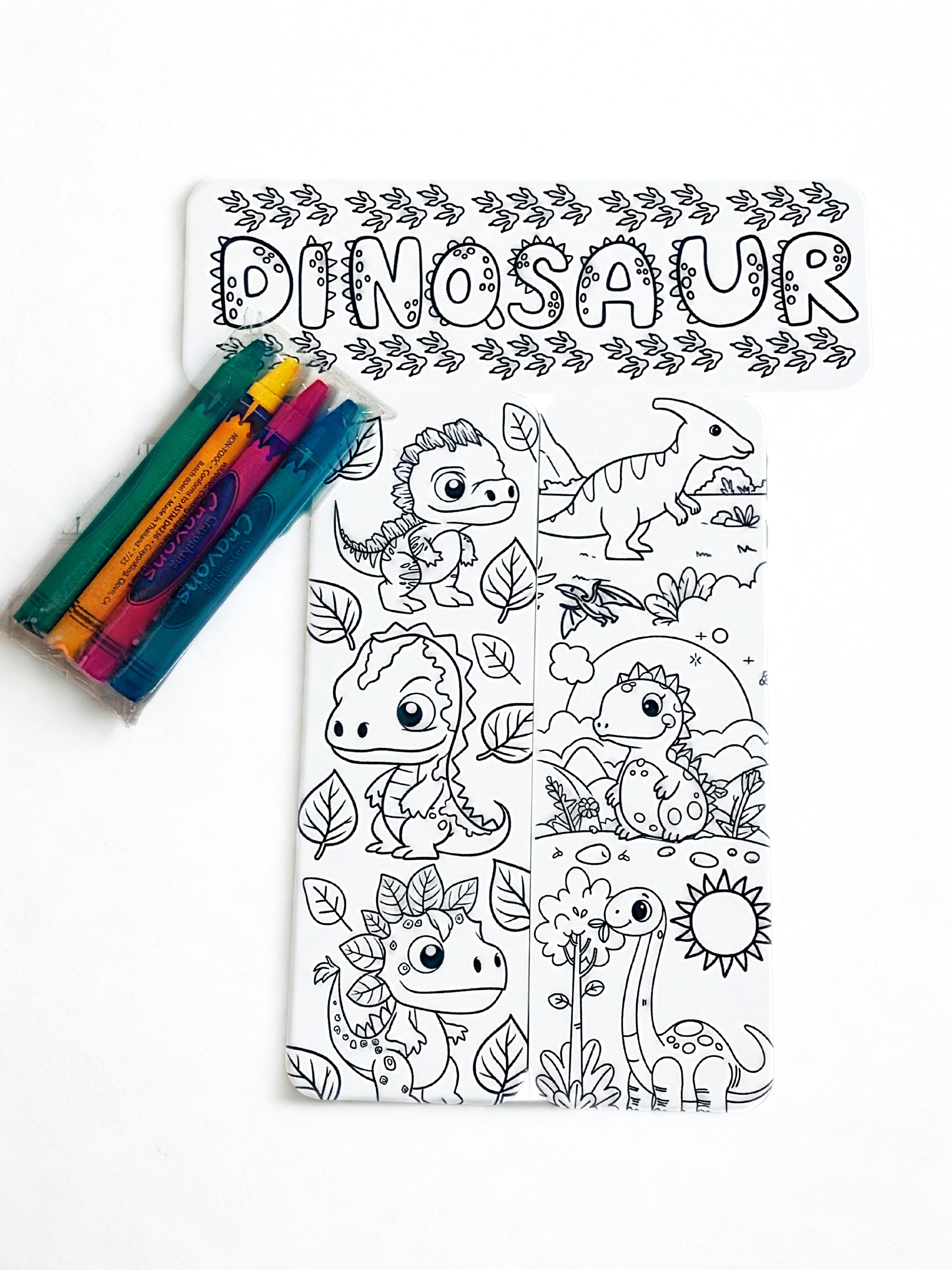 Dinosaur Coloring Bookmarks with Crayons Kit - Set of 3 - 2" x 6" Rounded Corner Bookmarks
