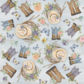 Pattern of cowboy boots, hats, and flowers on a light blue background