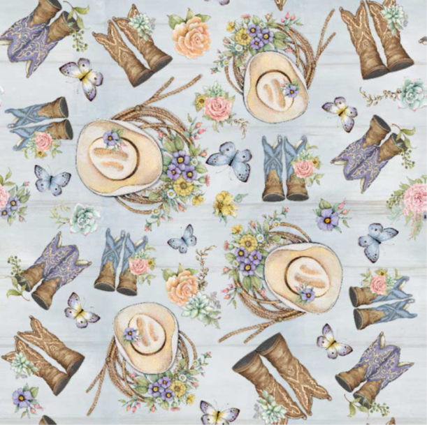 Pattern of cowboy boots, hats, and flowers on a light blue background