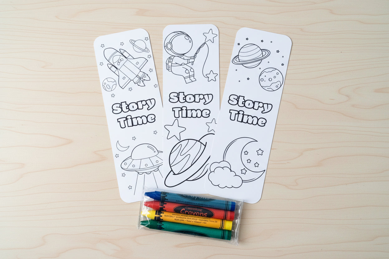 Coloring bookmarks with space-themed illustrations and Crayola crayons on a white background