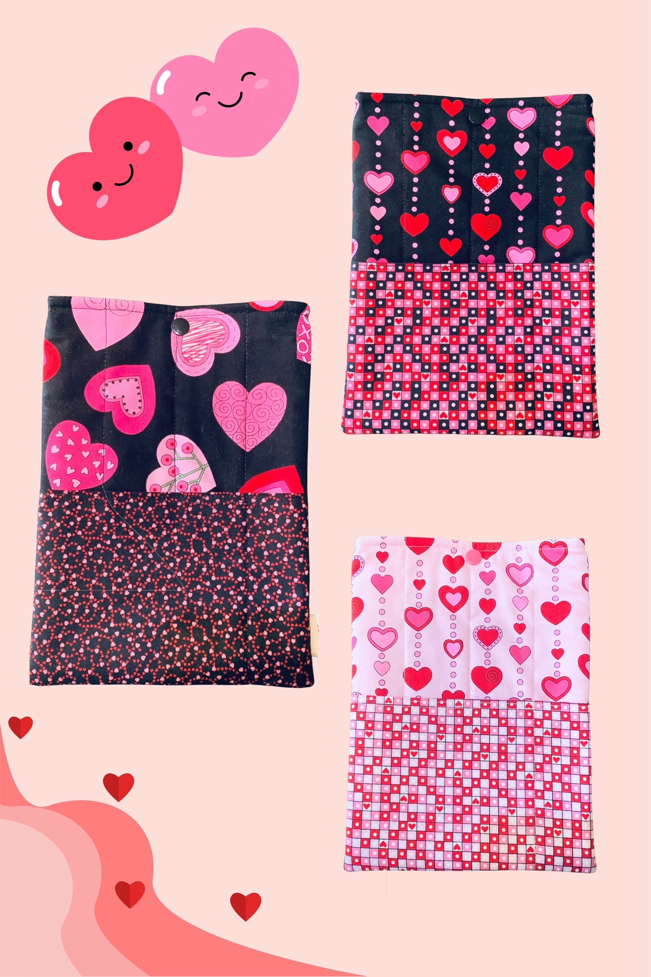 Quilted Tablet Sleeve or Book Sleeve Snap Closure Exterior Pockets - Be My Valentine Collection - Book Cozy - Handmade - Small - 7" x 9"