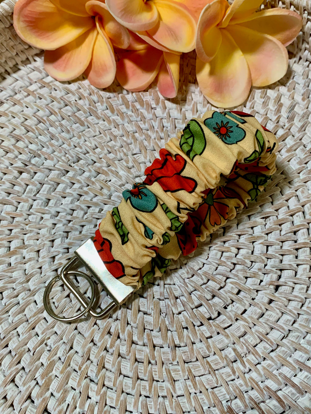 Handmade Scrunchie Key Fob, Keychain  - Boho Retro - Flowers & Mushrooms