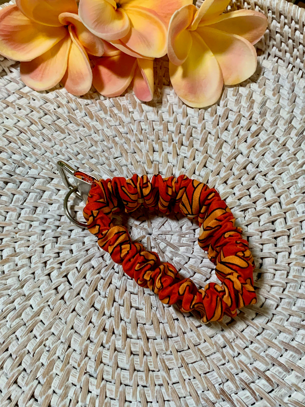 Handmade Scrunchie Key Fob - Boho Retro - Orange Peace Sign Flowers