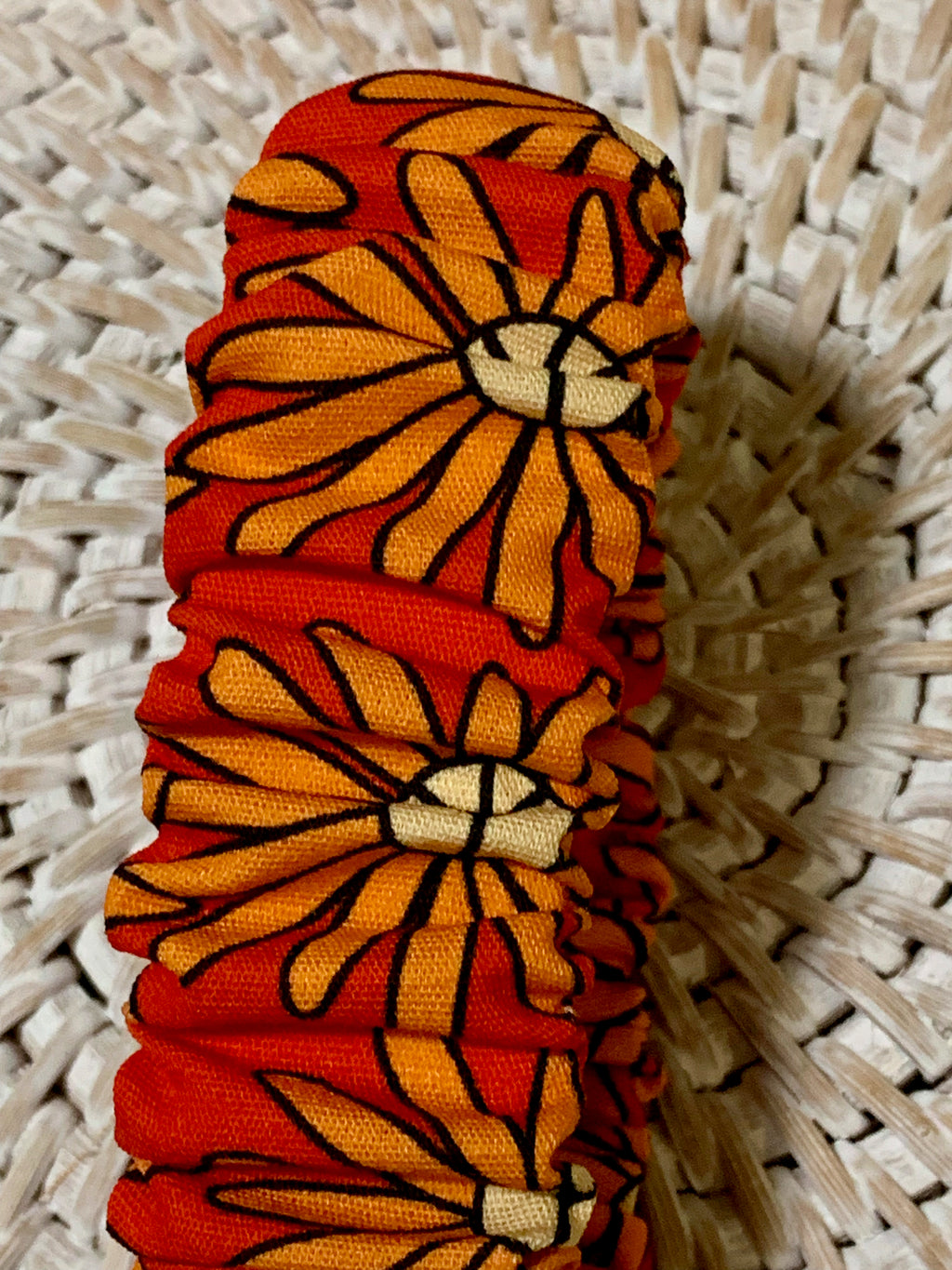 Handmade Scrunchie Key Fob - Boho Retro - Orange Peace Sign Flowers