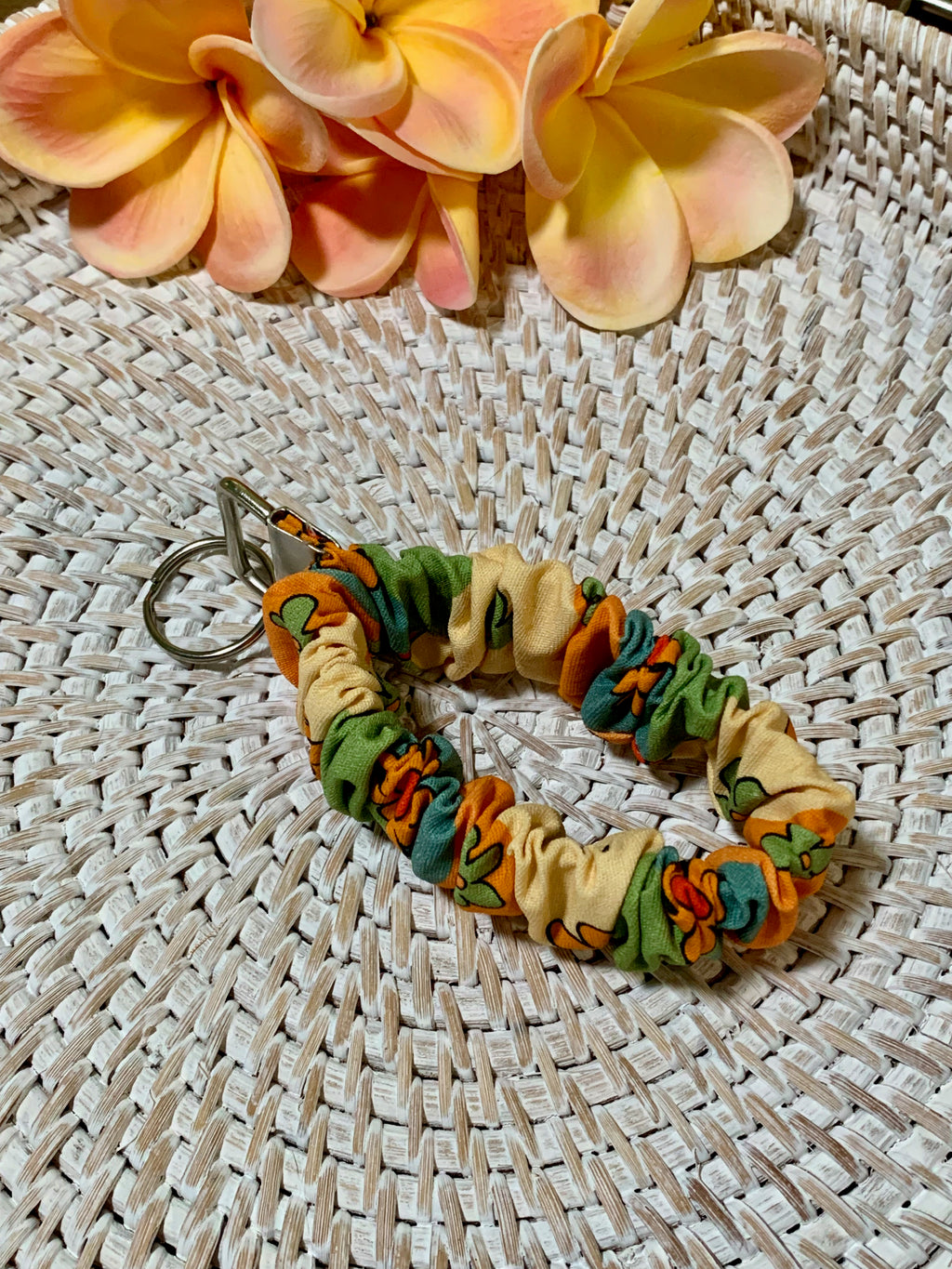 Handmade Scrunchie Key Fob, Keychain  - Boho Retro - Groovy Flowers