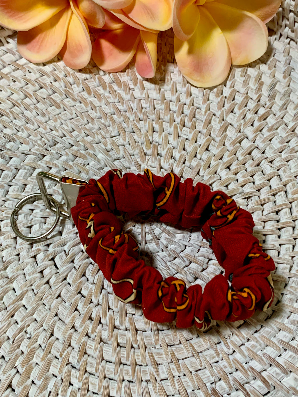 Handmade Scrunchie Key Fob - Boho Retro - Red Peace Signs