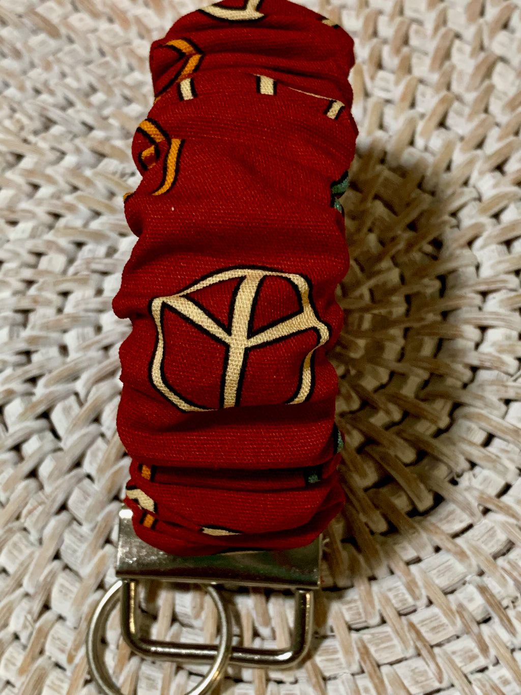 Handmade Scrunchie Key Fob - Boho Retro - Red Peace Signs