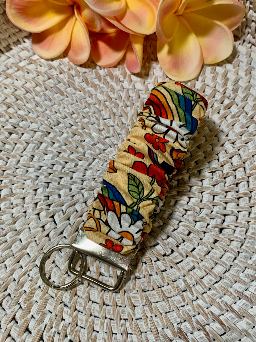 Handmade Scrunchie Key Fob, Keychain  - Boho Retro - Rainbows Peace Signs Daisies