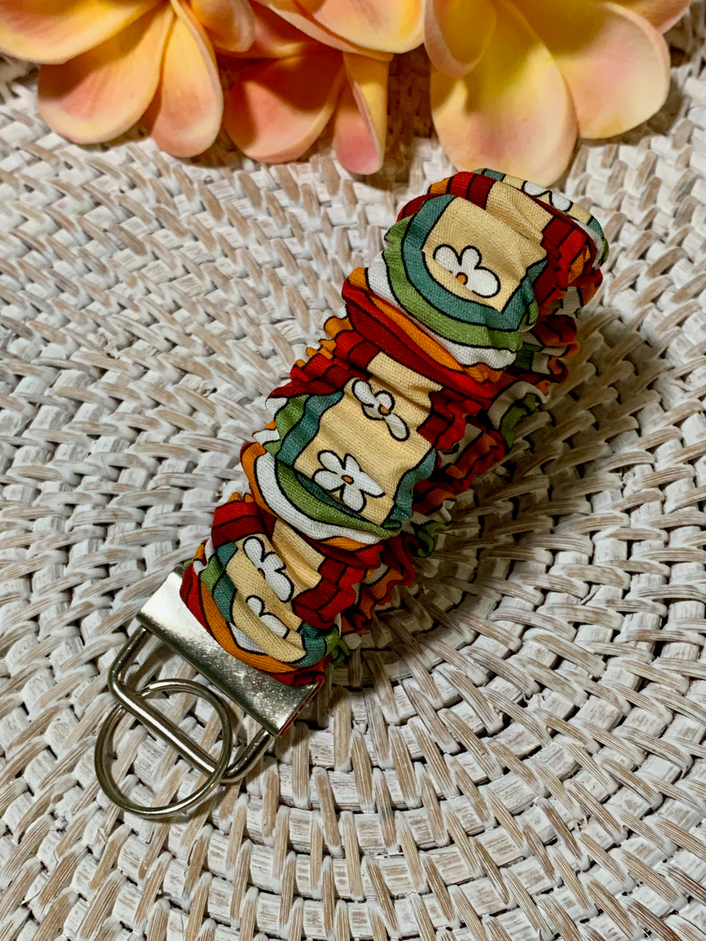 Handmade Scrunchie Key Fob, Keychain  - Boho Retro - Retro Rainbows & Flowers