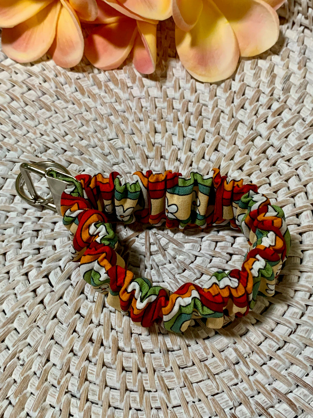 Handmade Scrunchie Key Fob, Keychain  - Boho Retro - Retro Rainbows & Flowers