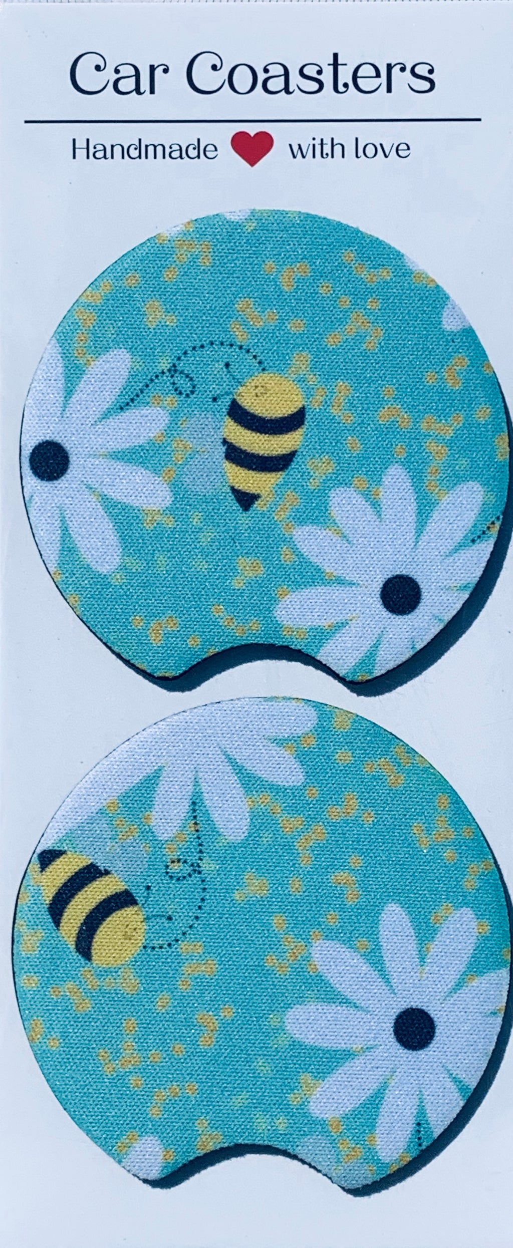 Car Coasters - Set of 2 - Neoprene - Bumble Bees & Daisies - Ann Gregory Designs
