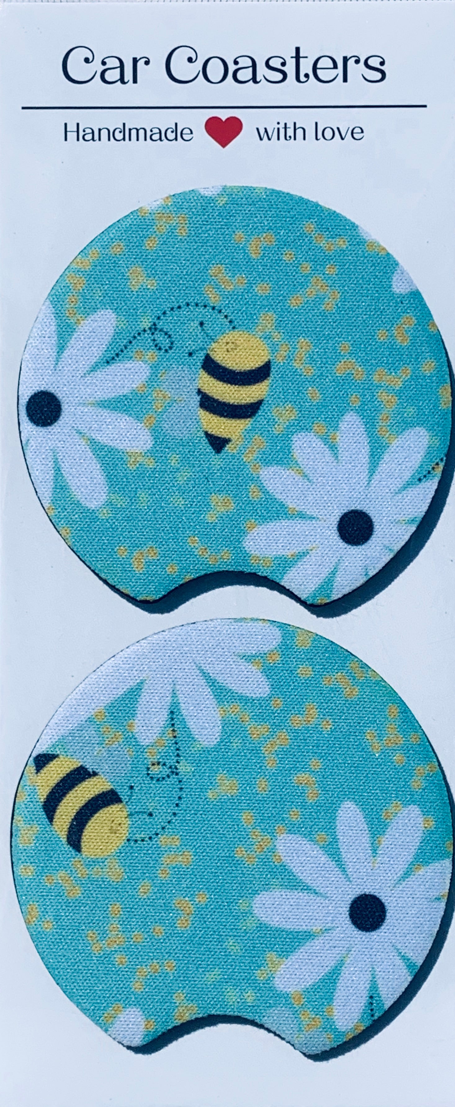 Car Coasters - Set of 2 - Neoprene - Bumble Bees & Daisies