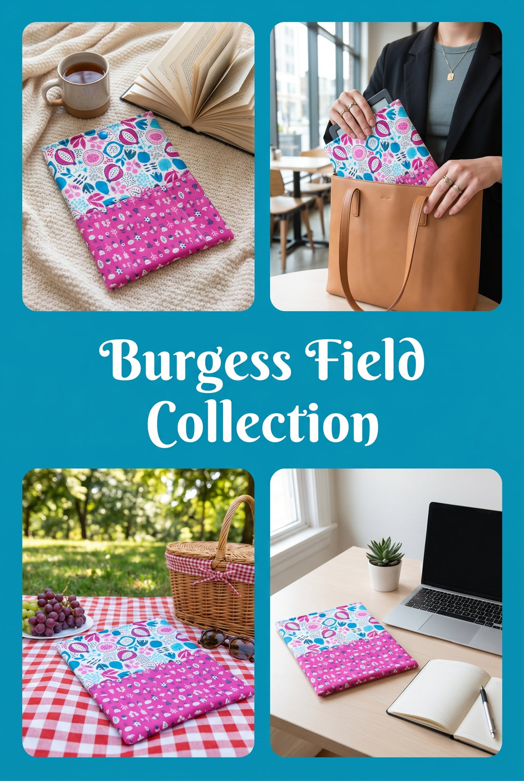 Quilted Tablet Sleeve or Book Sleeve Snap Closure Exterior Pockets - Burgess Field Collection - Handmade - Small - 7" x 9" - Kindle Cozy - iPad Mini Cozy - Book Cozy