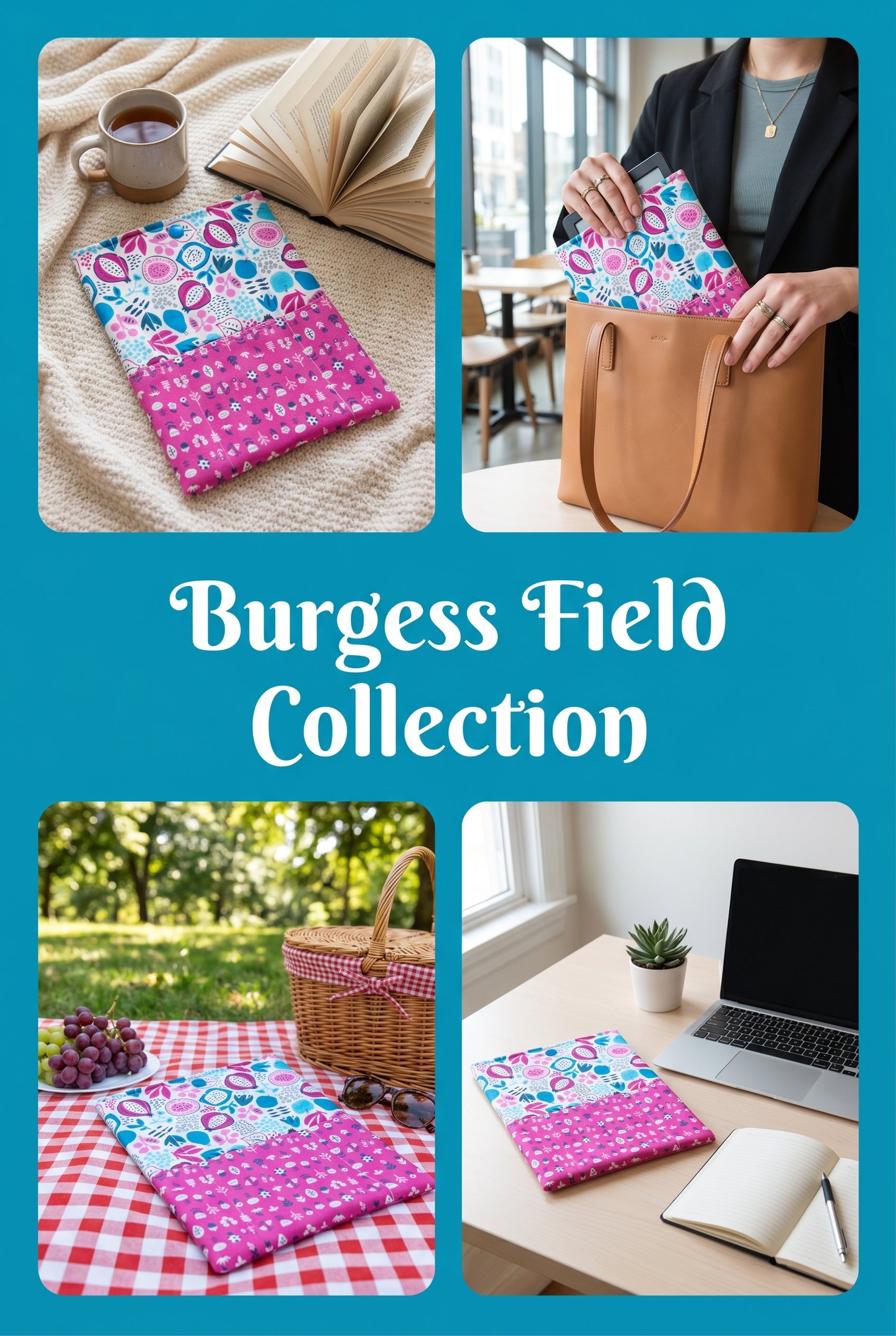 Quilted Tablet Sleeve or Book Sleeve Snap Closure Exterior Pockets - Burgess Field Collection - Handmade - Small - 7" x 9" - Kindle Cozy - iPad Mini Cozy - Book Cozy