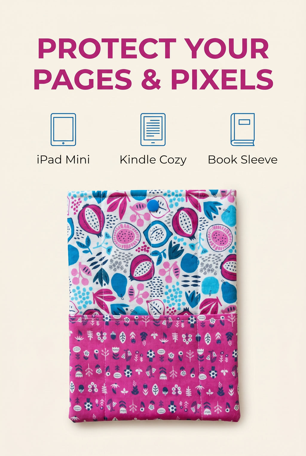 Quilted Tablet Sleeve or Book Sleeve Snap Closure Exterior Pockets - Burgess Field Collection - Handmade - Small - 7" x 9" - Kindle Cozy - iPad Mini Cozy - Book Cozy