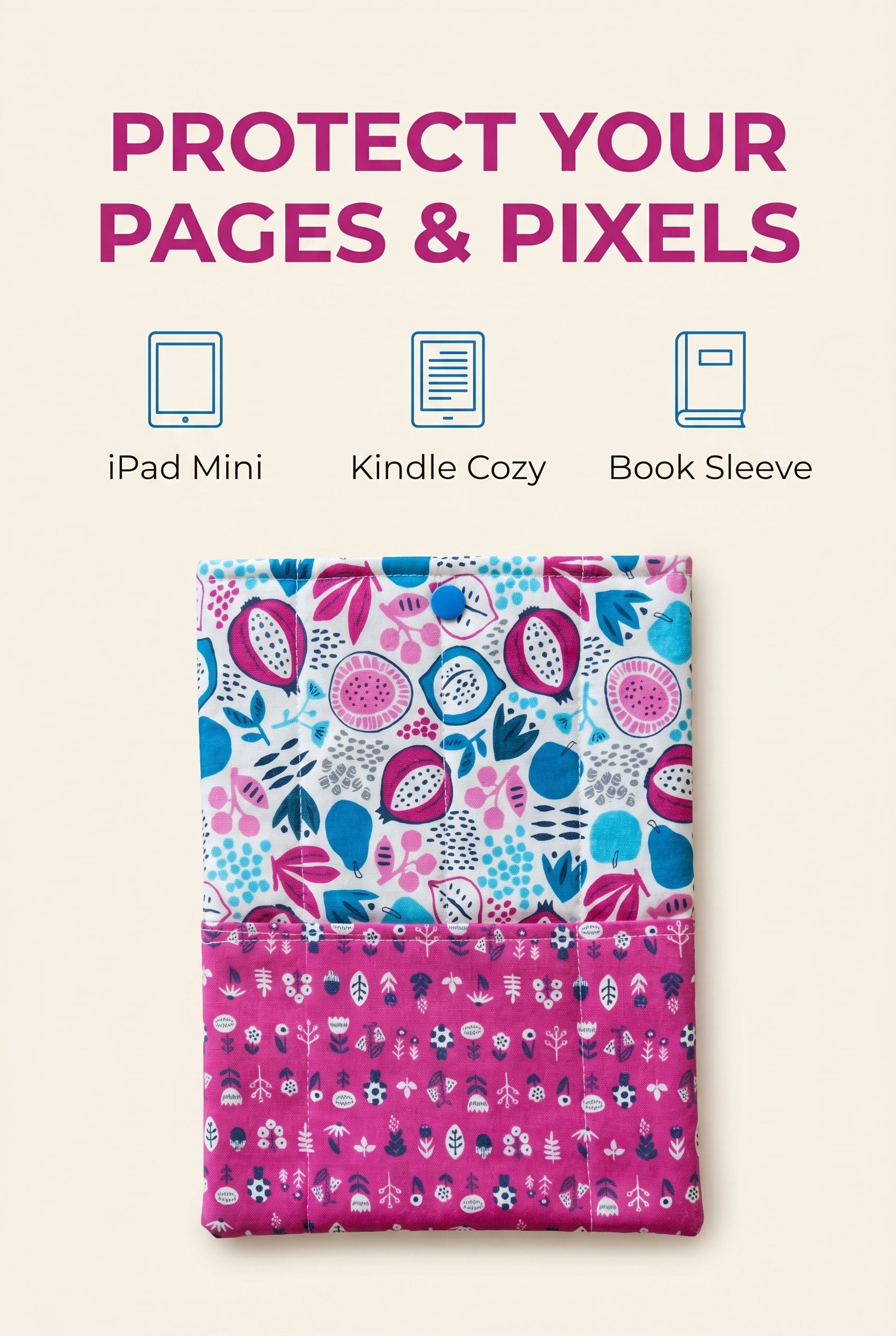 Quilted Tablet Sleeve or Book Sleeve Snap Closure Exterior Pockets - Burgess Field Collection - Handmade - Small - 7" x 9" - Kindle Cozy - iPad Mini Cozy - Book Cozy