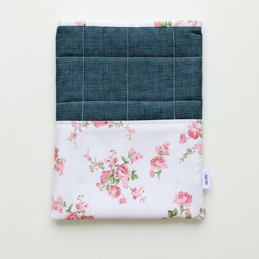 Pink Roses & Denim Blues - OOAK - Quilted Tablet Sleeve or Book Sleeve with Pockets - 8" x 10.5" - Kindle Cozy - iPad Mini Cozy - Book Cozy (Copy)