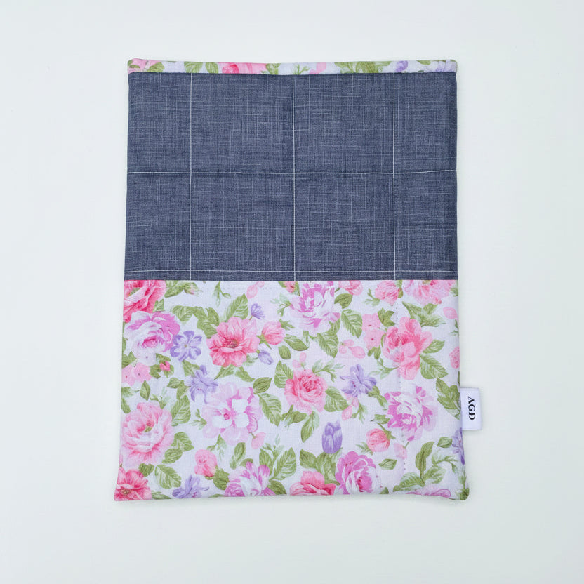 Roses & Denim Blues - OOAK - Quilted Tablet Sleeve or Book Sleeve with Pockets - 8" x 10.5" - Kindle Cozy - iPad Mini Cozy - Book Cozy (Copy)