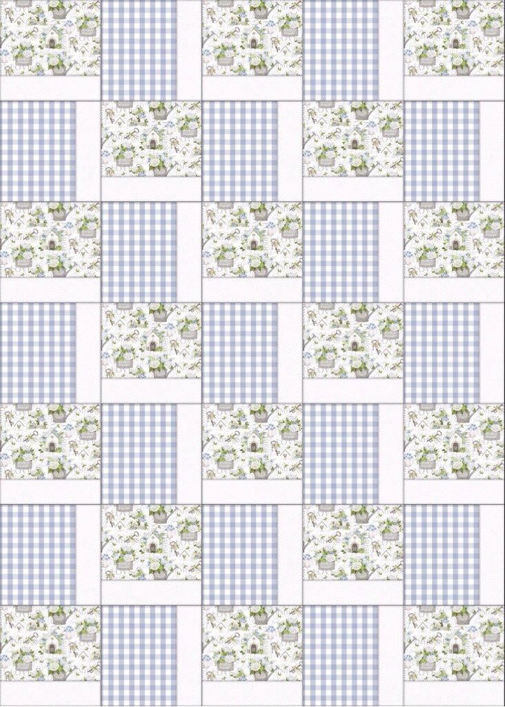 Patchwork pattern with green and white designs on a blue and white checkered background