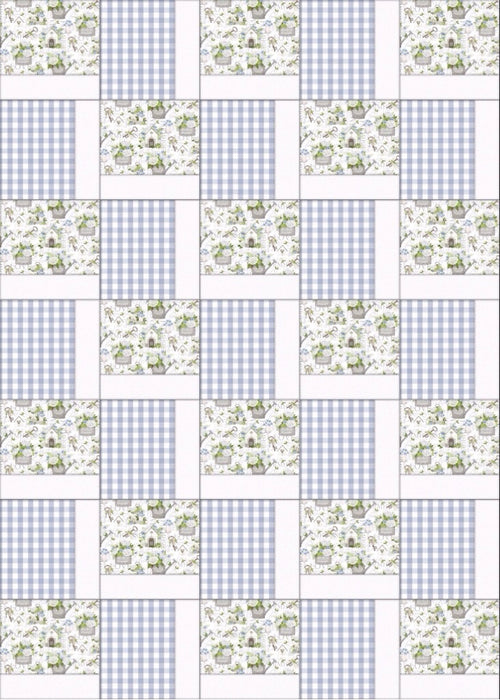 Patchwork pattern with green and white designs on a blue and white checkered background