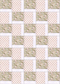 Patchwork pattern with floral and geometric designs in beige and green tones.