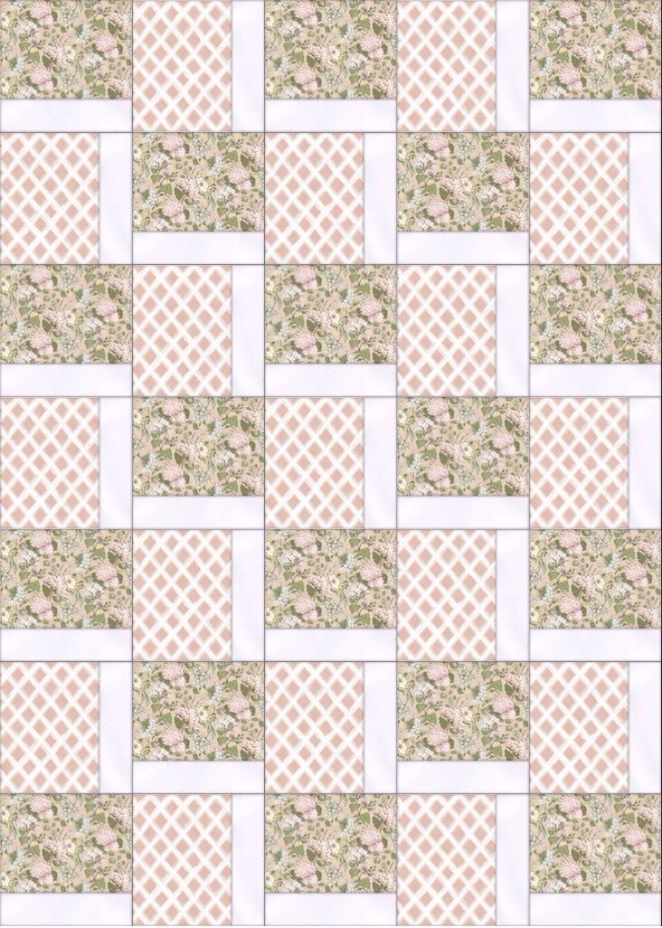 Patchwork pattern with floral and geometric designs in beige and green tones.