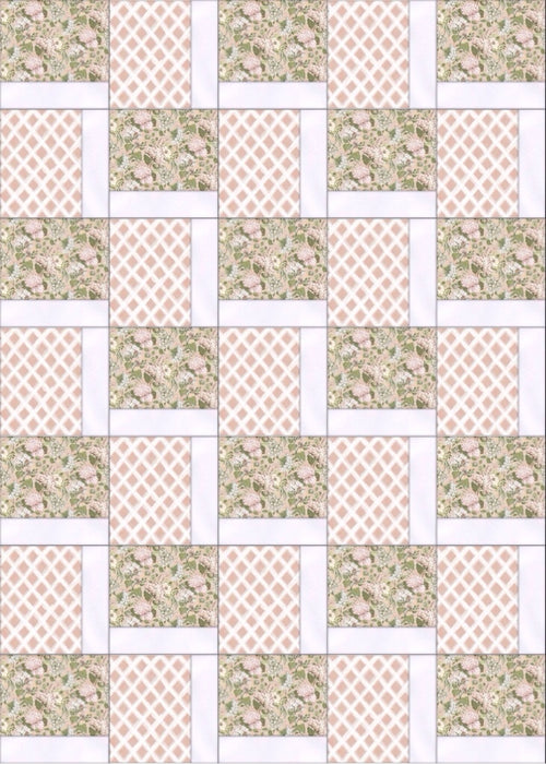 Patchwork pattern with floral and geometric designs in beige and green tones.
