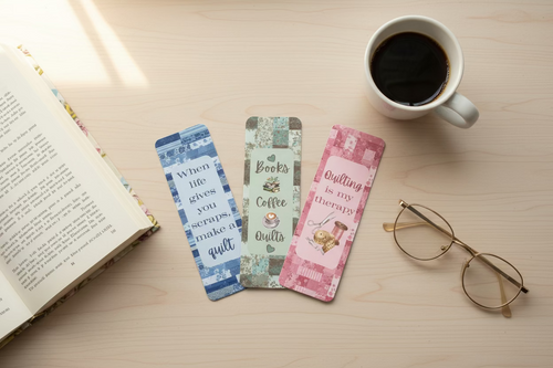 Three colorful bookmarks with quilt-themed sayings on a woven surface.