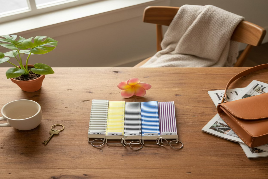 Five striped keychains with AGD branding on a woven surface.