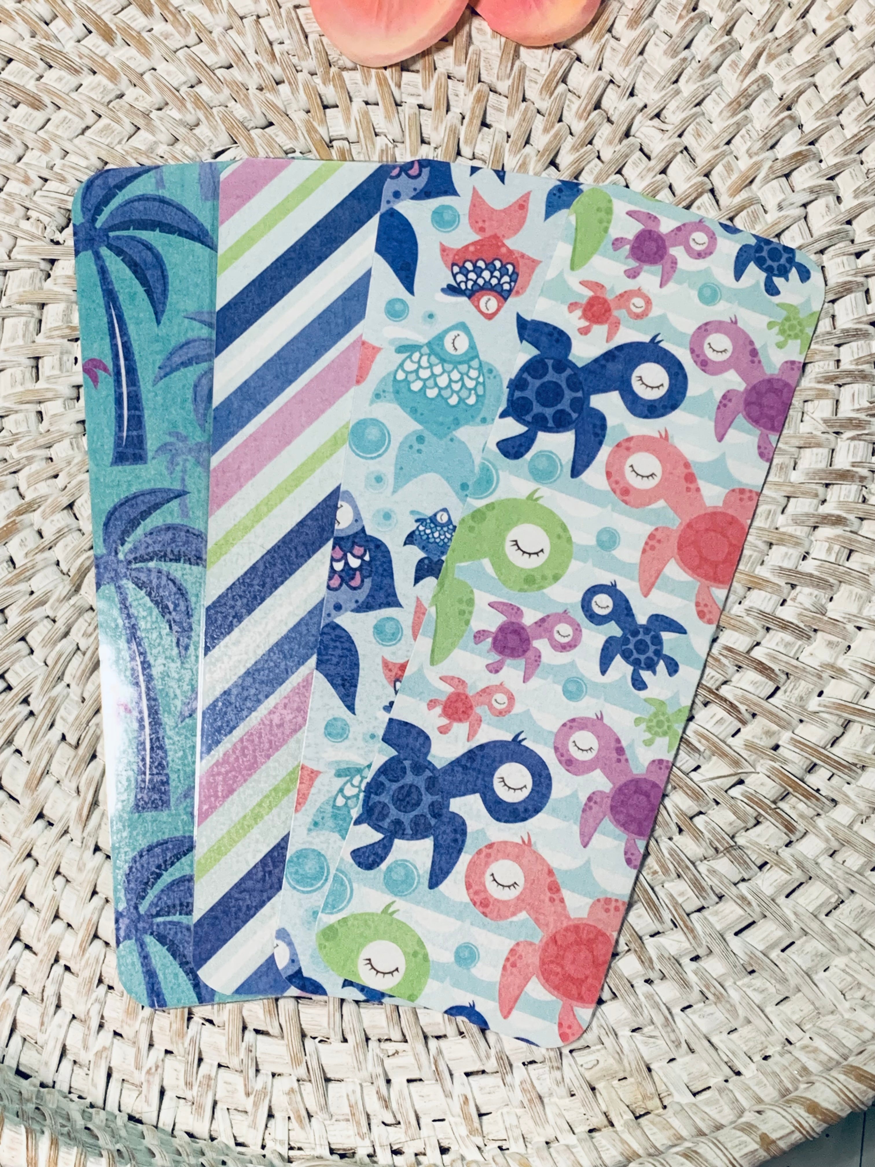 Sea Turtles Fish Palm Trees Laminated Bookmarks - Ocean of Fun Bookmarks - Set of 4 - 2x6 Rounded Corner Bookmarks
