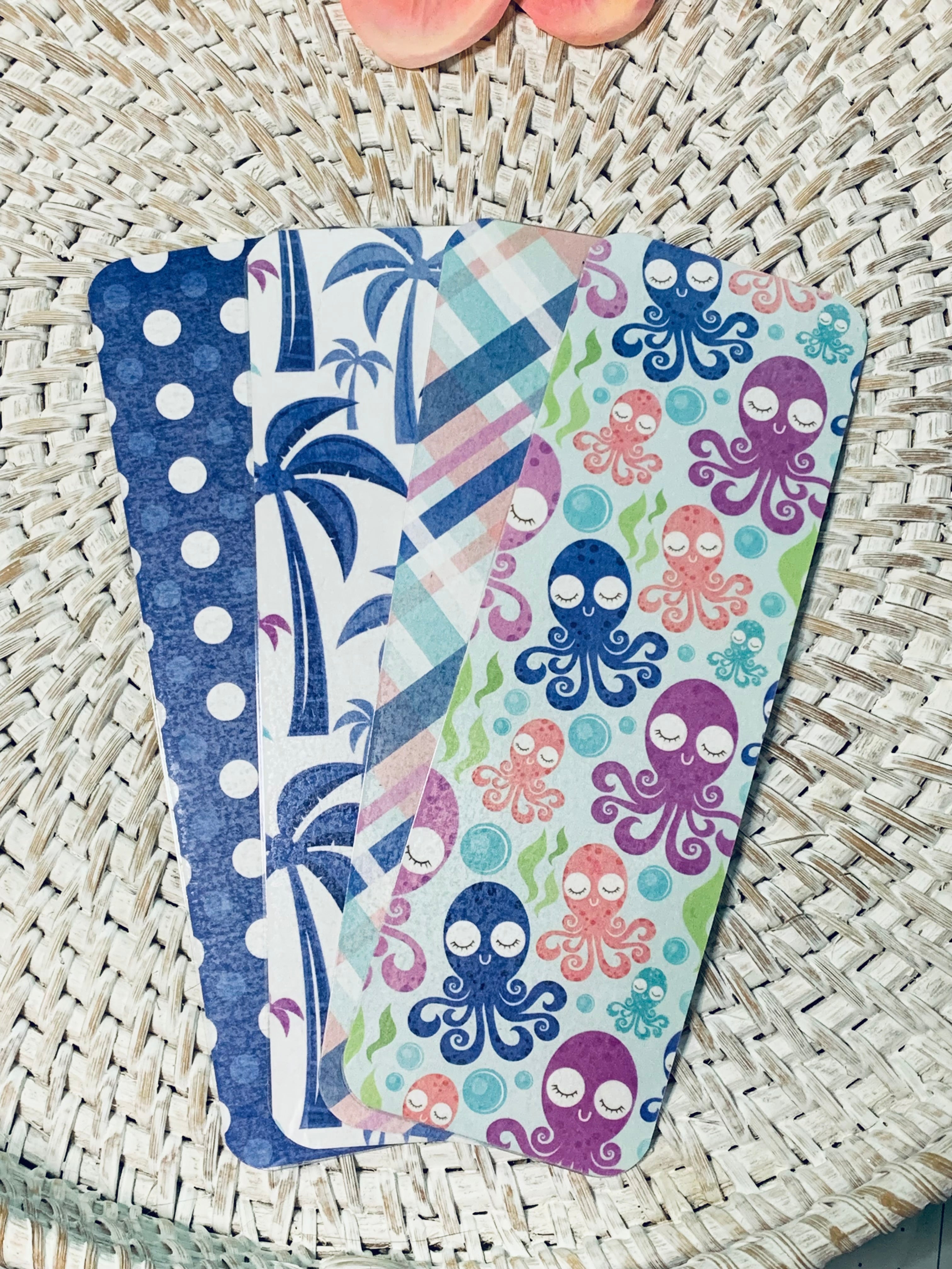 Octopus Palm Trees Laminated Bookmarks - Ocean of Fun Bookmarks - Set of 4 - 2x6 Rounded Corner Bookmarks