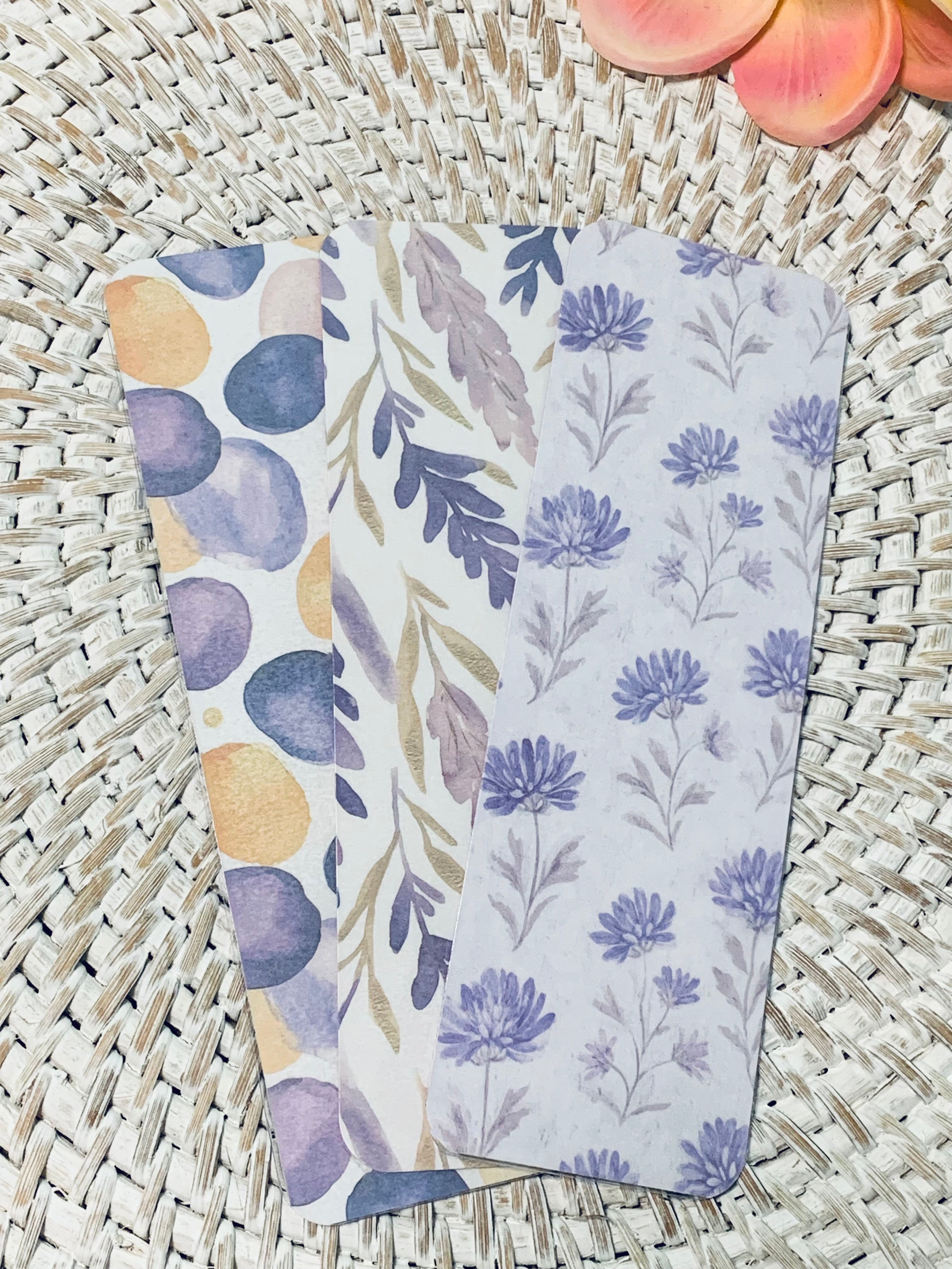 Lavender Collection Florals Dots Plaids Double-Sided Laminated Bookmarks - Set #1 Includes 3 Bookmarks - 2x6 Rounded Corner Bookmarks