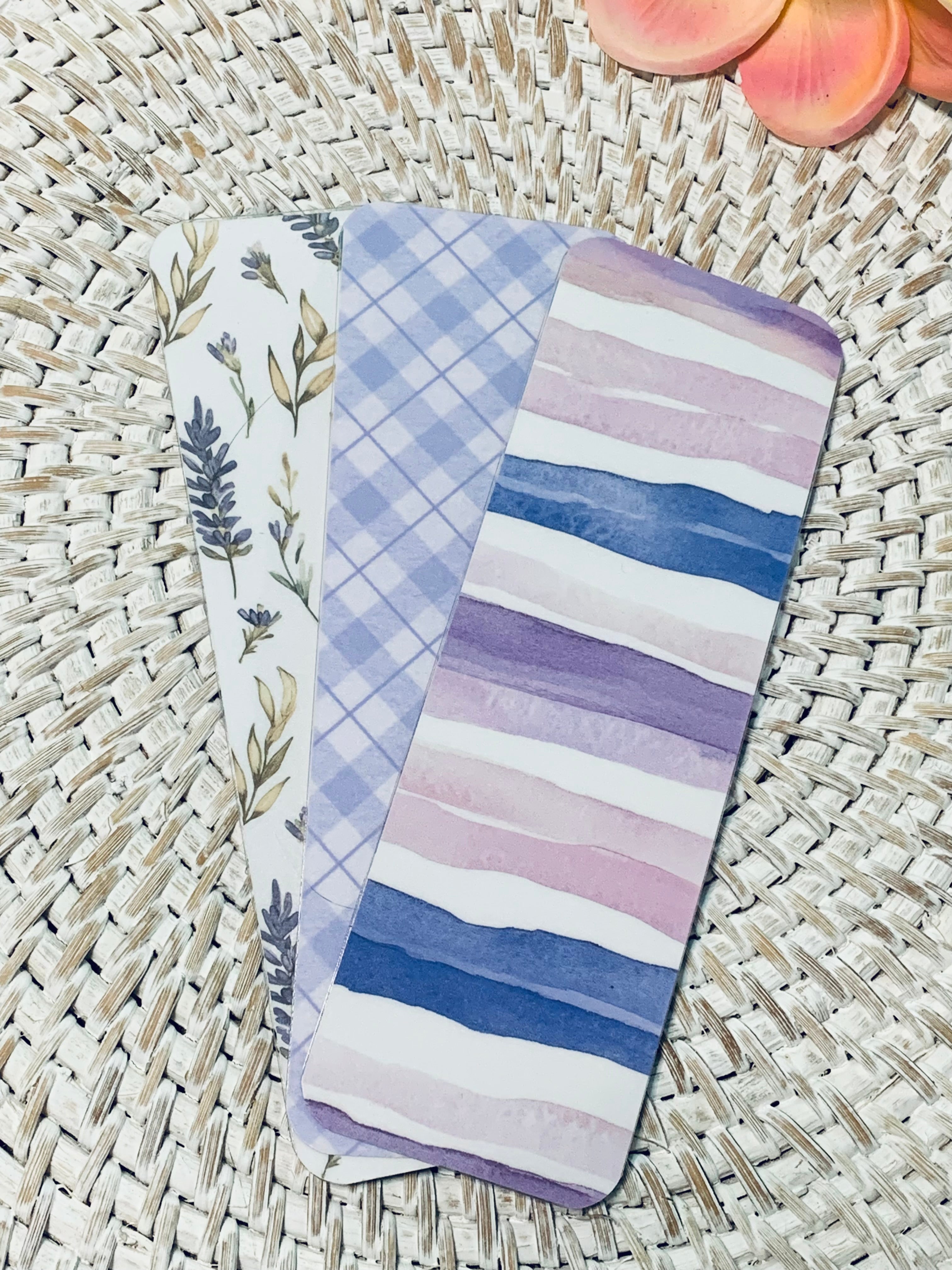 Lavender Collection Florals Dots Plaids Double-Sided Laminated Bookmarks - Set #3 Includes 3 Bookmarks - 2x6 Rounded Corner Bookmarks