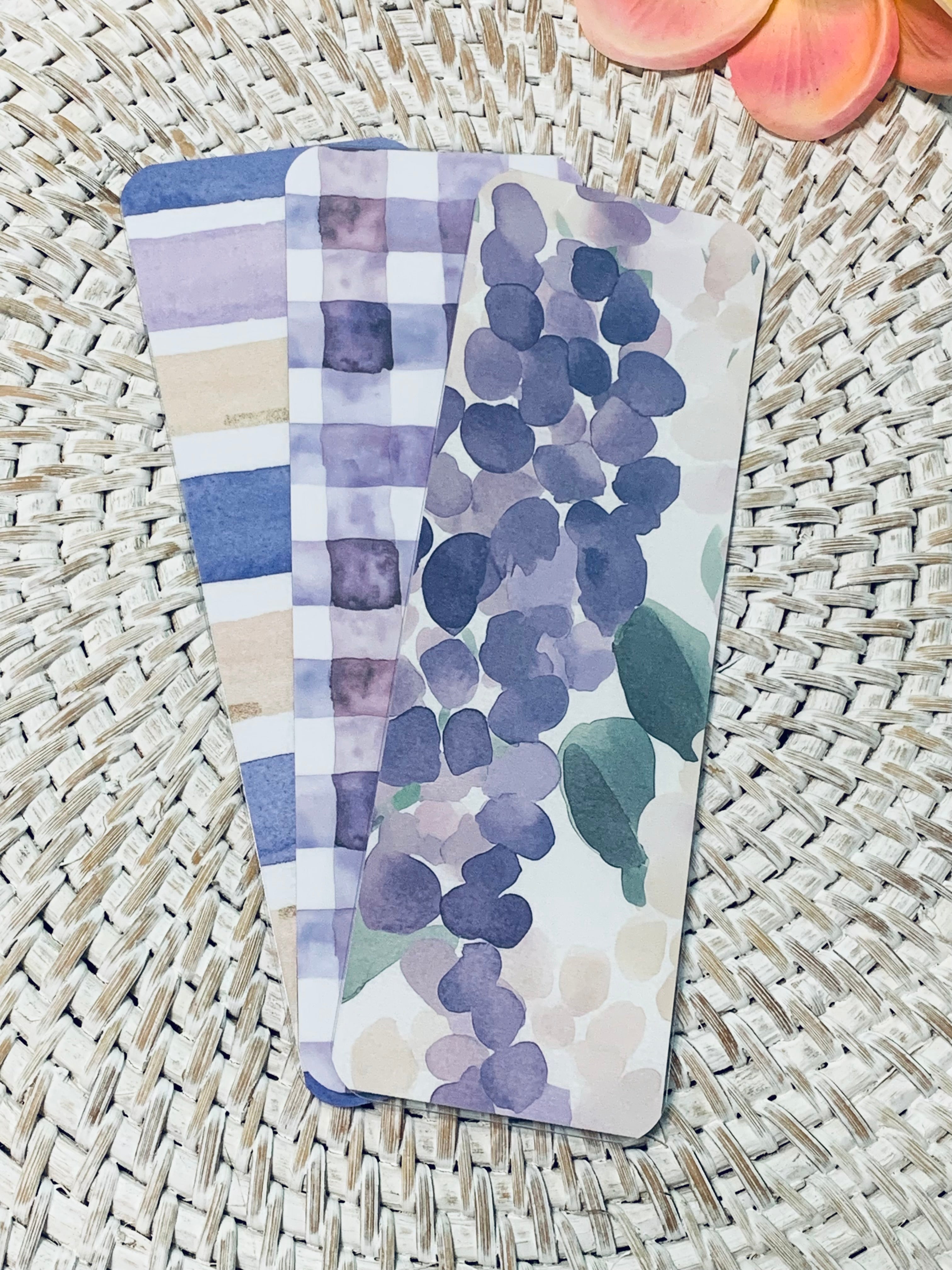 Lavender Collection Florals Dots Plaids Double-Sided Laminated Bookmarks - Set #4 Includes 3 Bookmarks - 2x6 Rounded Corner Bookmarks