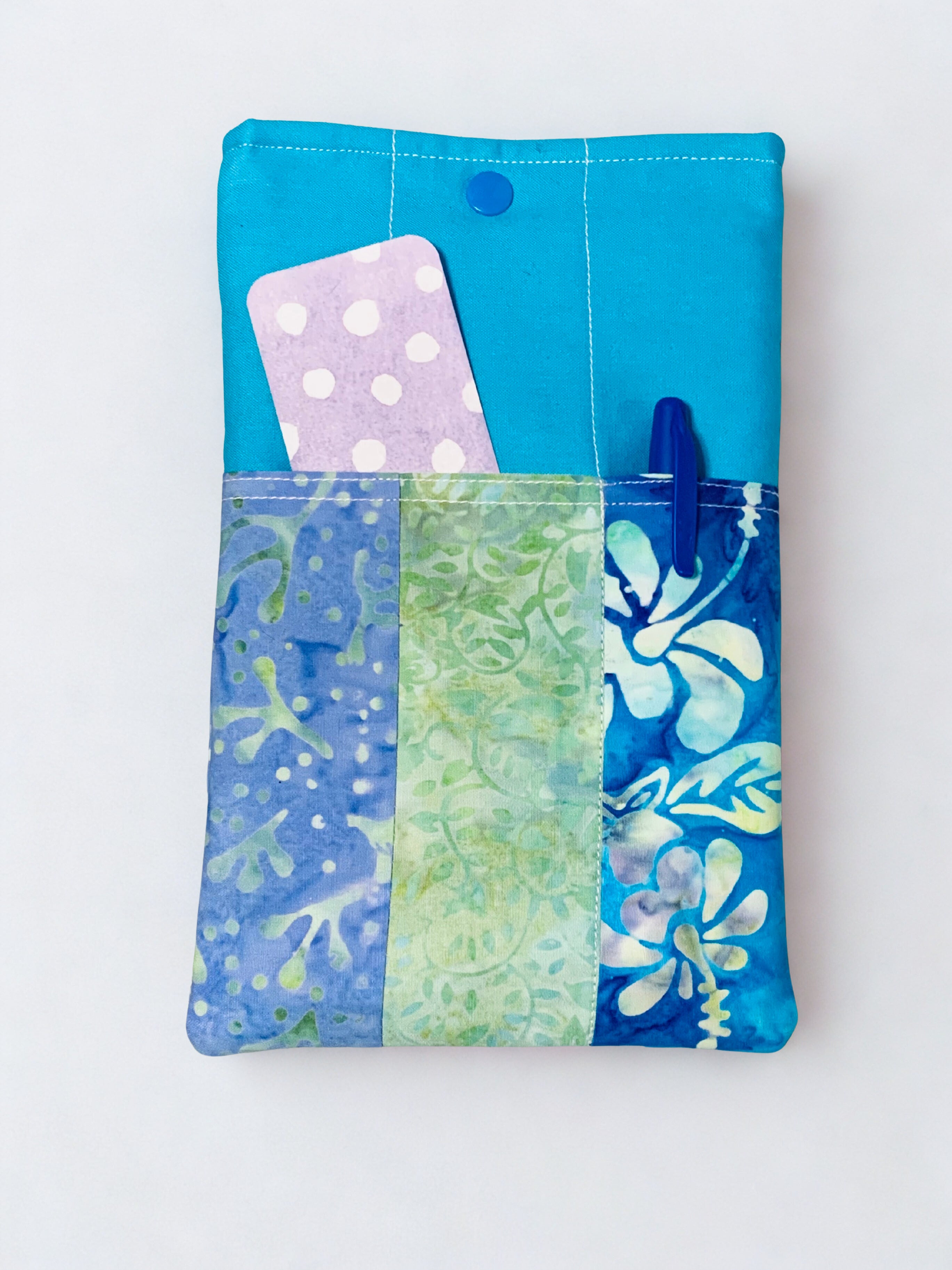 Quilted Tablet Sleeve or Book Sleeve Snap Closure - Teal Batiks - Beach Vibes - Book Cozy - Handmade - Small - 5.5" x 9"