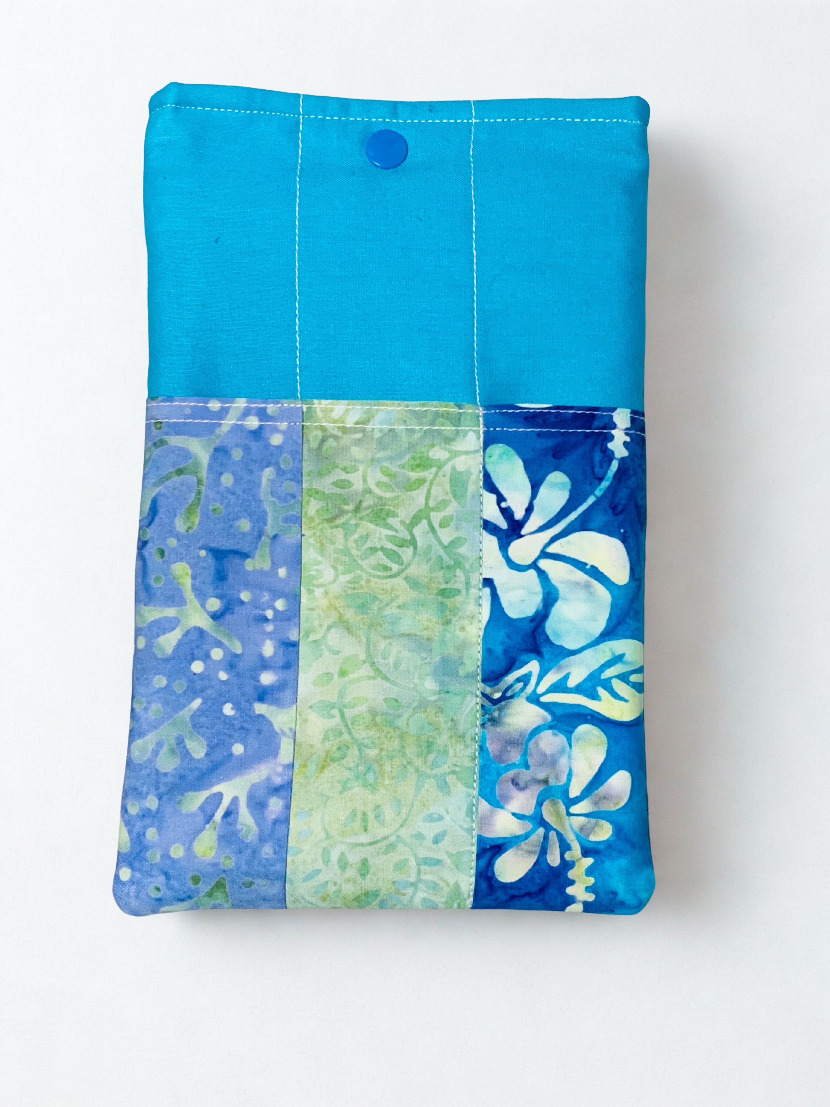 Quilted Tablet Sleeve or Book Sleeve Snap Closure - Teal Batiks - Beach Vibes - Book Cozy - Handmade - Small - 5.5" x 9"