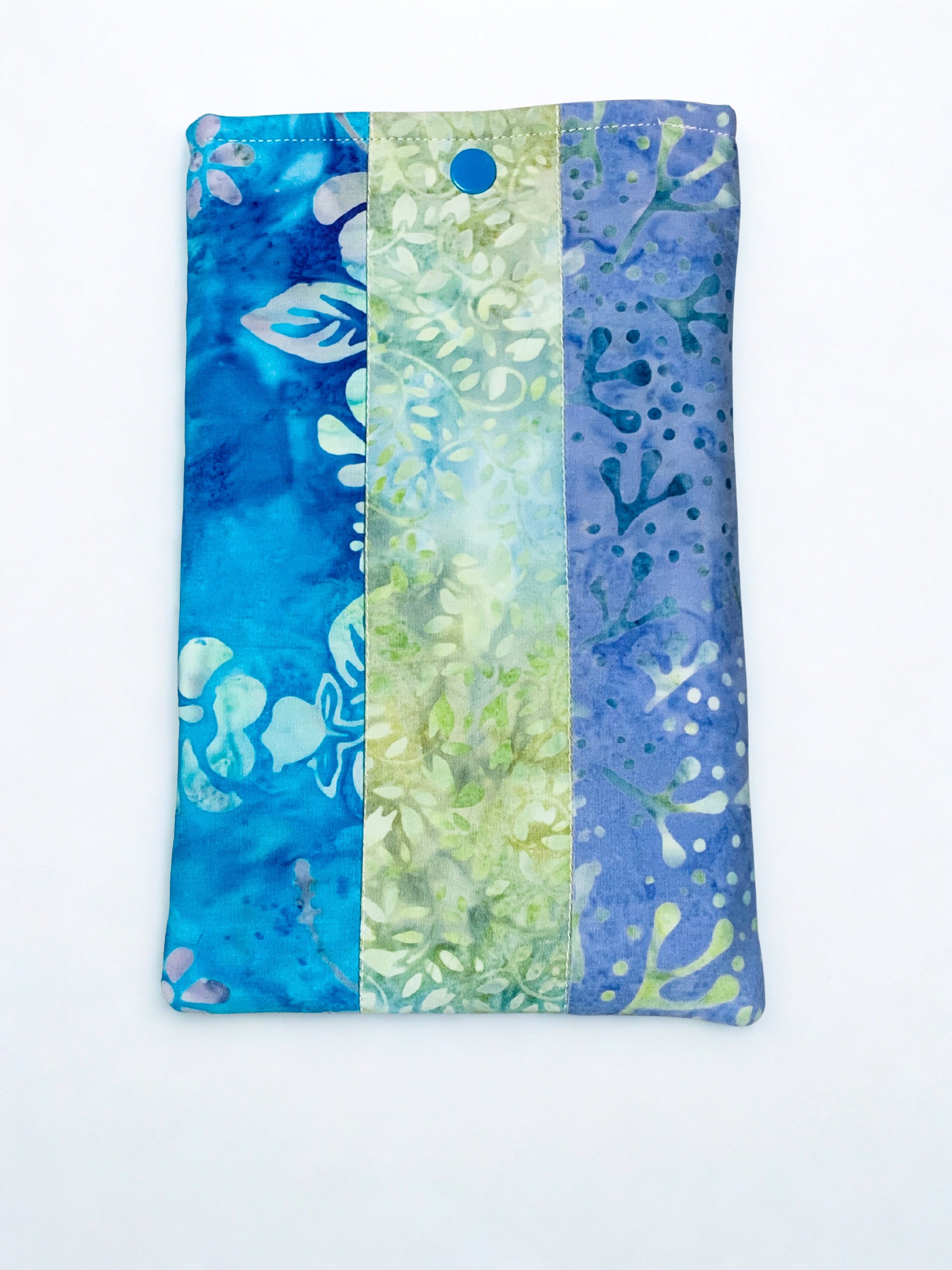 Quilted Tablet Sleeve or Book Sleeve Snap Closure - Teal Batiks - Beach Vibes - Book Cozy - Handmade - Small - 5.5" x 9"
