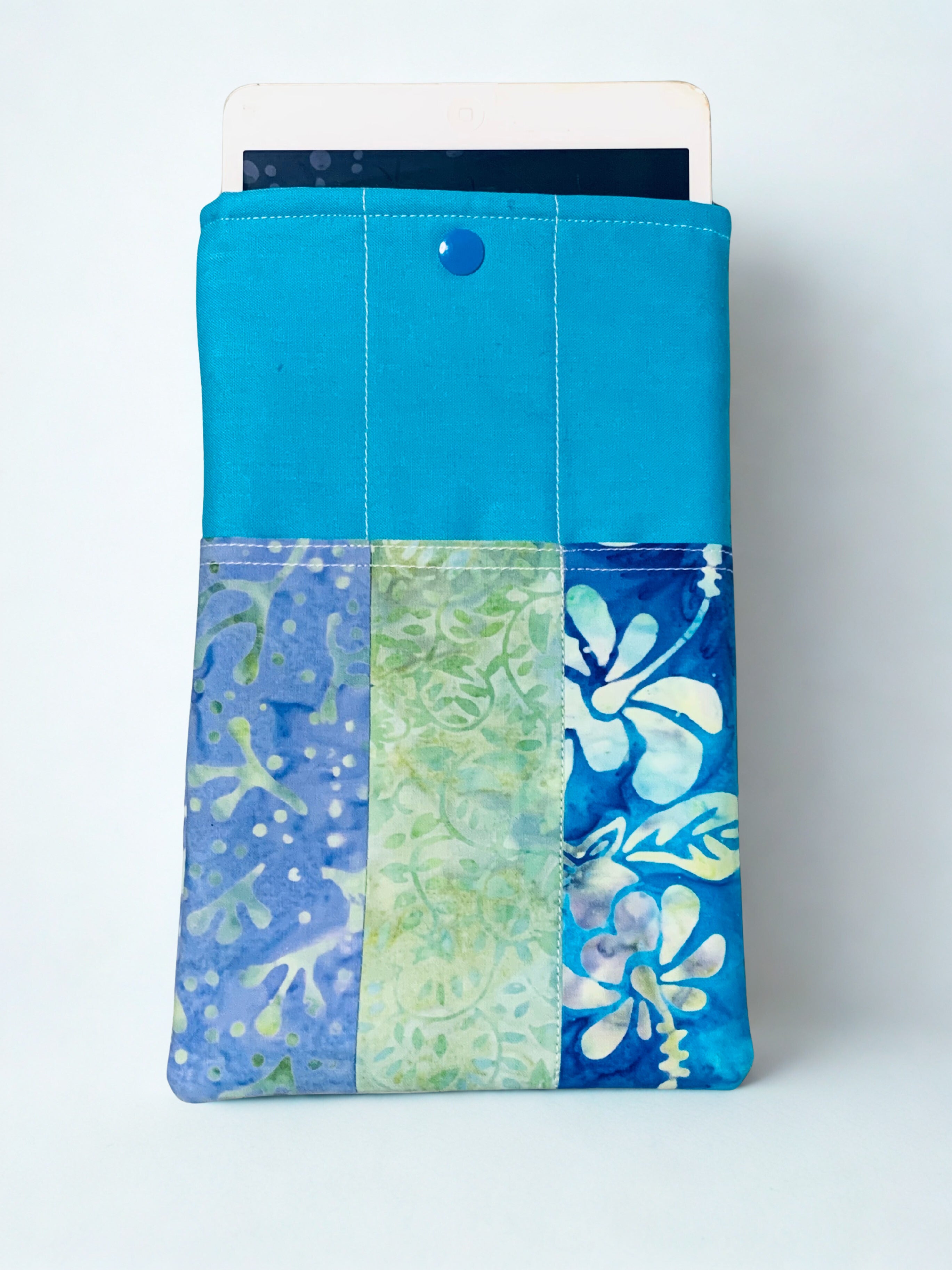 Quilted Tablet Sleeve or Book Sleeve Snap Closure - Teal Batiks - Beach Vibes - Book Cozy - Handmade - Small - 5.5" x 9"
