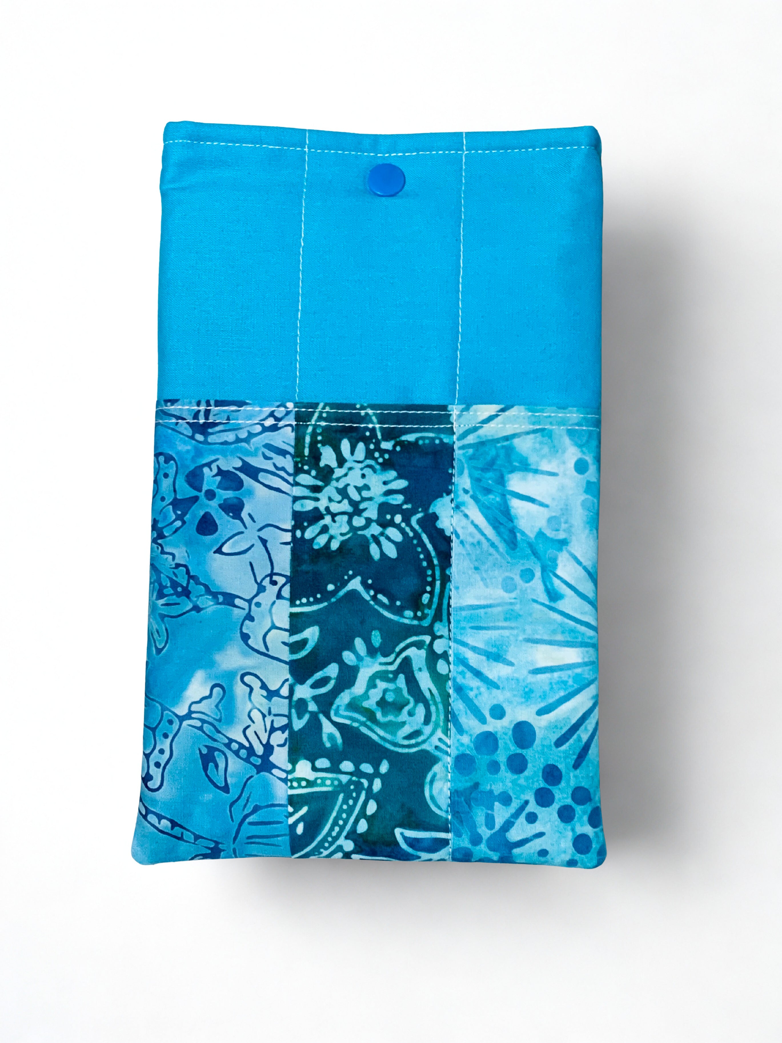 Quilted Tablet Sleeve or Book Sleeve Snap Closure - Teal Batiks - Beach Vibes - Book Cozy - Handmade - Small - 5.5" x 9"