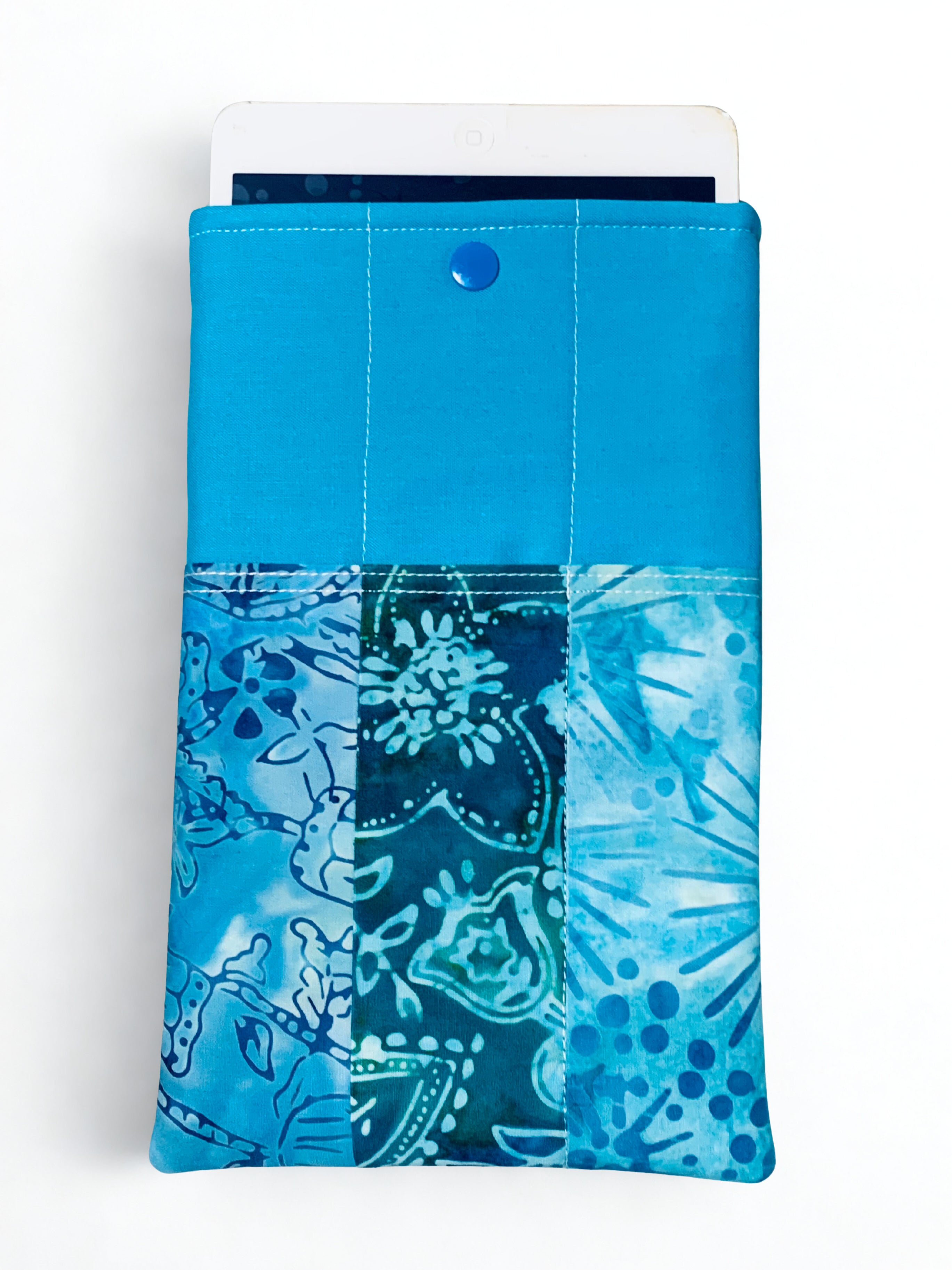 Quilted Tablet Sleeve or Book Sleeve Snap Closure - Teal Batiks - Beach Vibes - Book Cozy - Handmade - Small - 5.5" x 9"