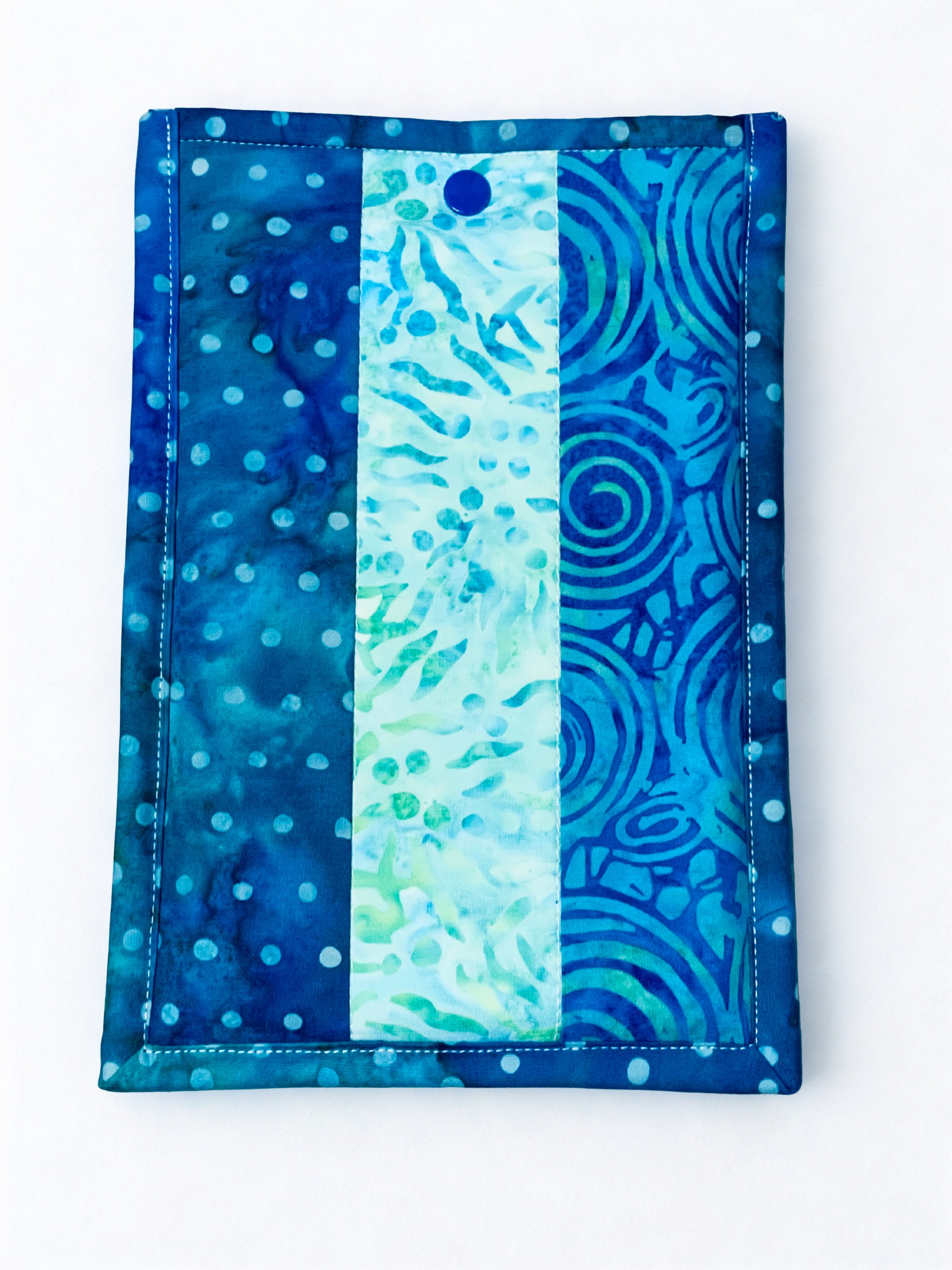 Quilted Tablet Sleeve or Book Sleeve Snap Closure - Teal Batiks - Beach Vibes - Book Cozy - Handmade - Small - 6.5" x 9.5"