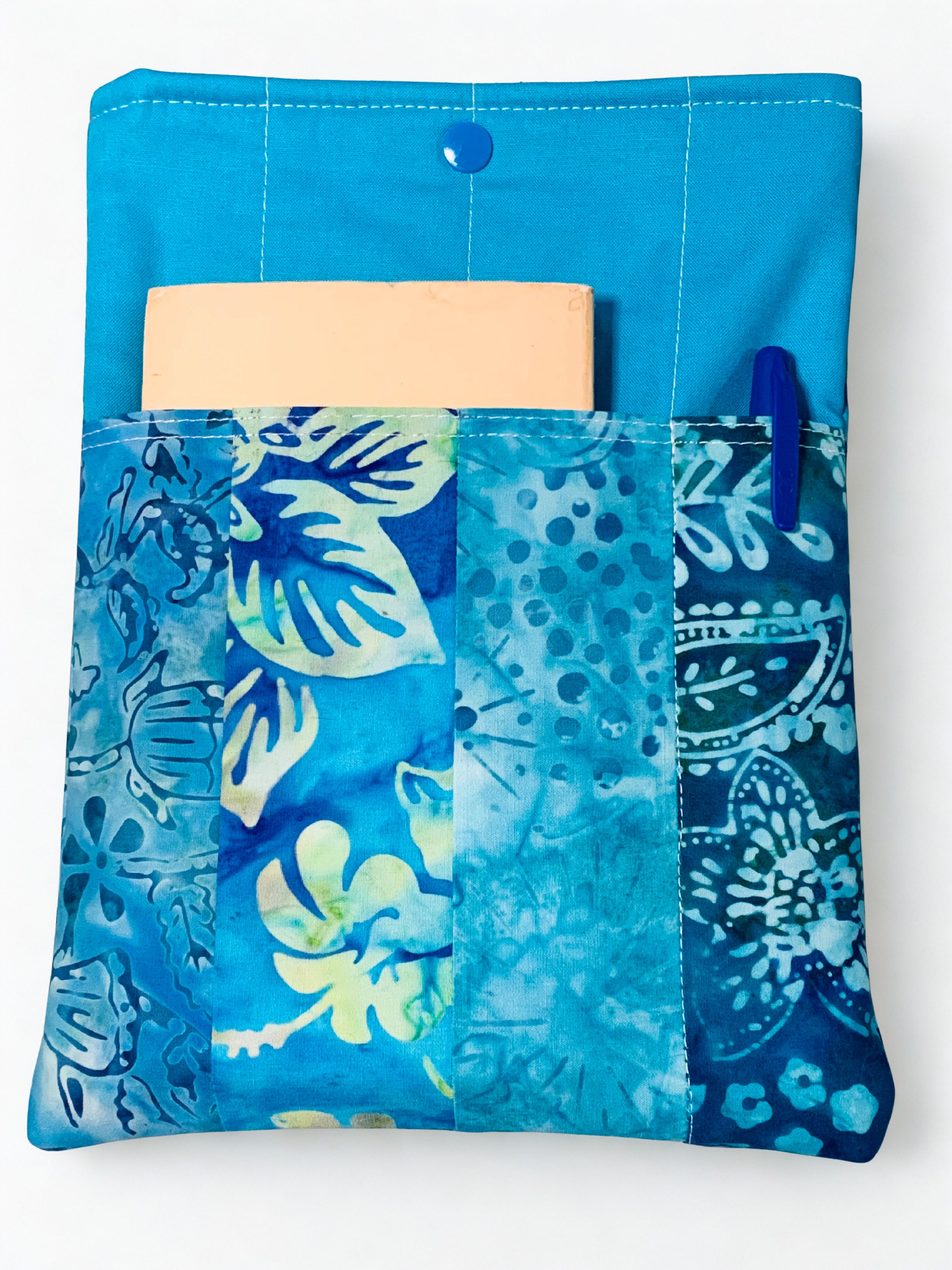 Quilted Tablet Sleeve or Book Sleeve Snap Closure - Teal Batiks - Beach Vibes - Book Cozy - Handmade - Medium - 7.5" x 10"