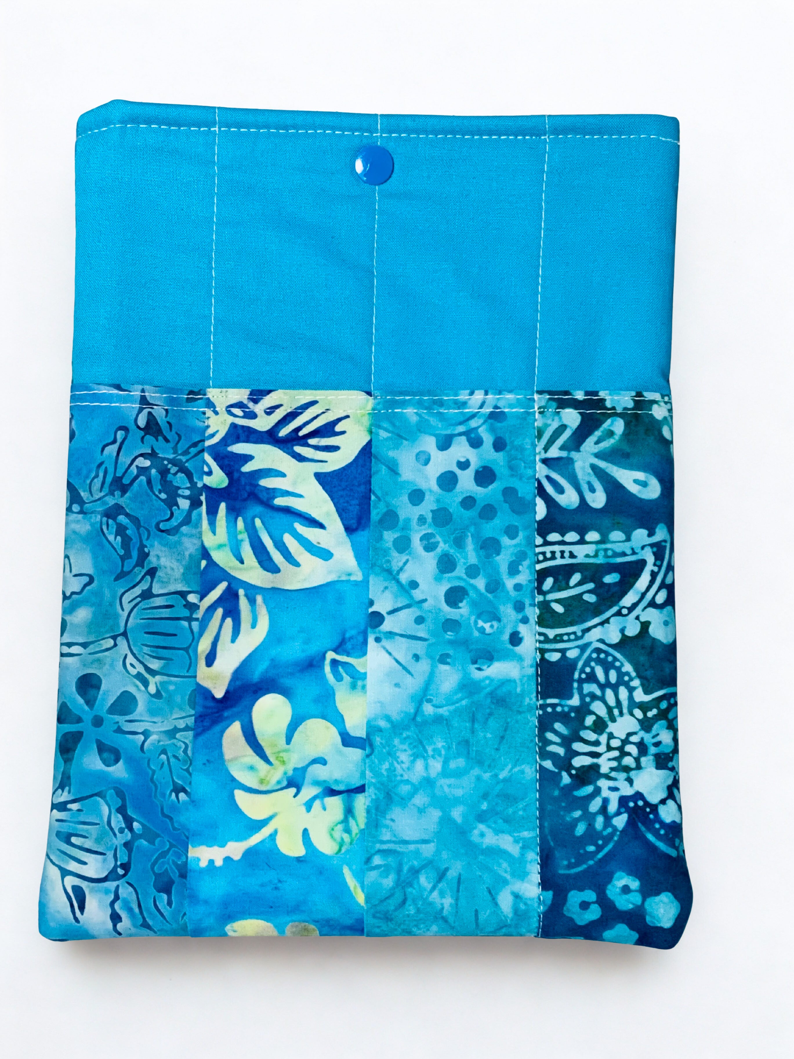 Quilted Tablet Sleeve or Book Sleeve Snap Closure - Teal Batiks - Beach Vibes - Book Cozy - Handmade - Medium - 7.5" x 10"